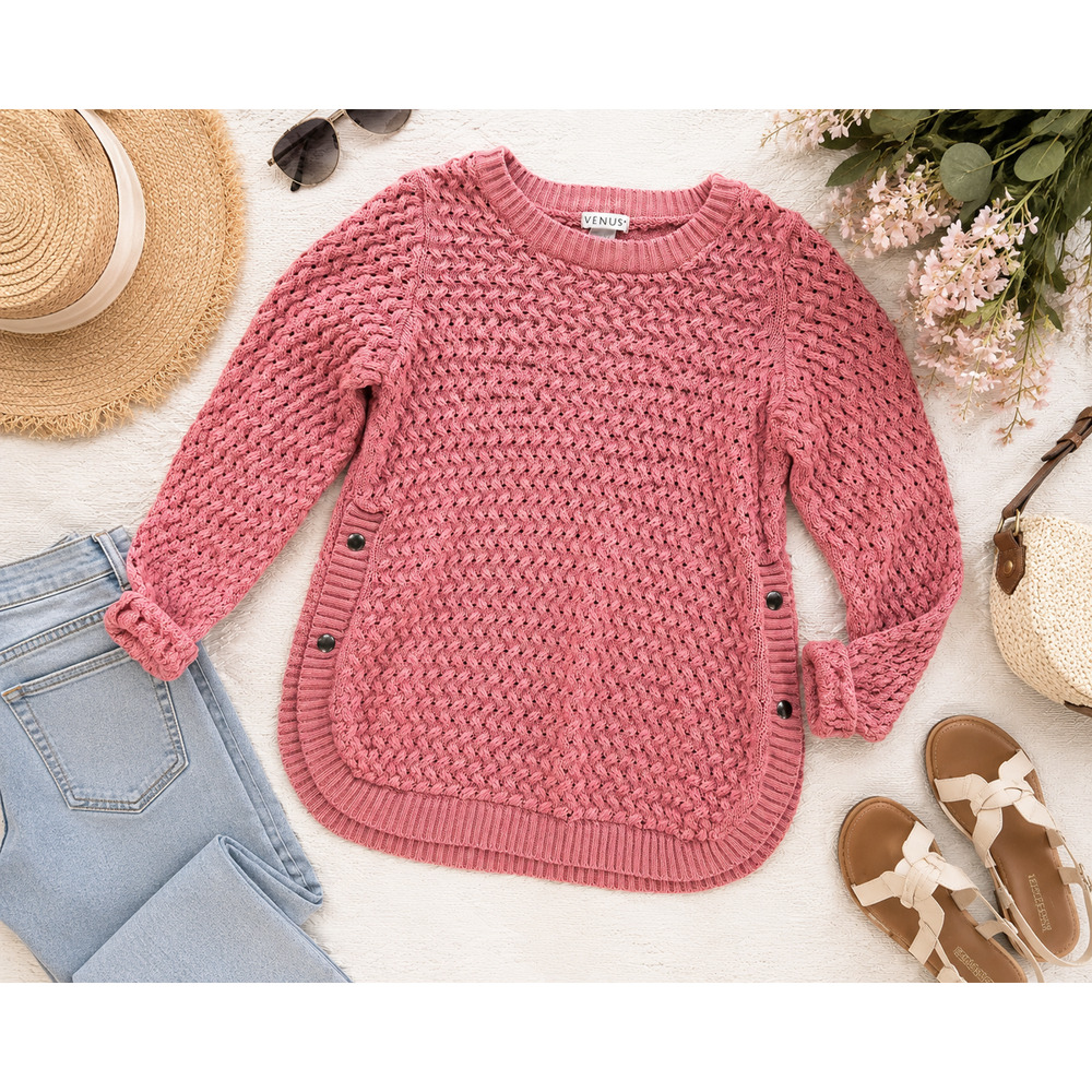 Venus Pink Tulip Hem Sweater Womens Open Knit Side Snap Pullover Top XS